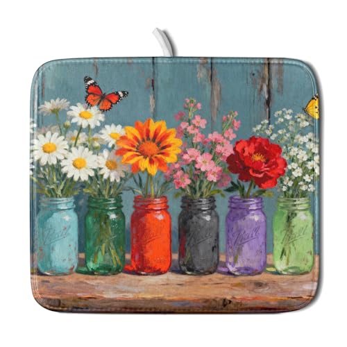 Small Dish Drying Mat for Kitchen Counter 16x18, Spring Summer Floral Decorative Absorbent Reversible Microfiber Kitchen Countertop Protector Dishes Drainer Pad - size: 16" x 18"