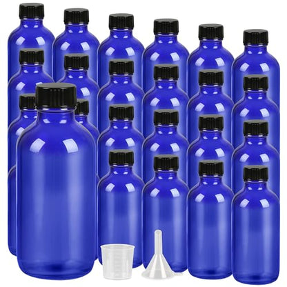 ZBCCCEOB 4 oz Small Glass Bottles with Lids, Boston Round Shot Bottles for Ginger Juice, Essential Oils - Leak Proof Mini Travel Containers(Blue, 24Pack) - color: Blue UV, size: 4oz 24
