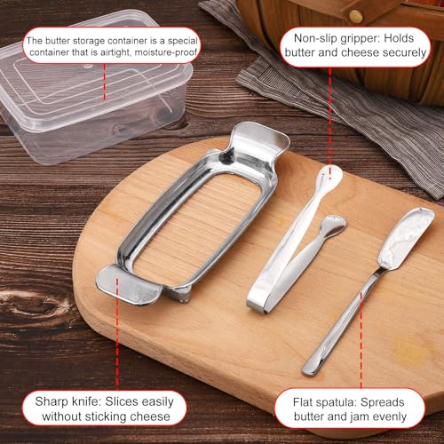 lasuroa 4pcs Butter Slicer Cutter Set with Storage Box, Stainless Steel Knife Spreader, Wire Cheese Slicer and Serving Tongs Kitchen Food Tool for Block Cheese and Butter - style: Butter Slicer+Spreader+Tongs+Storage Box