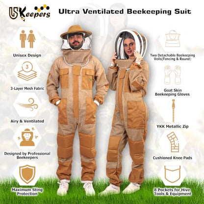 3-Layer Ultra Ventilated Sting Proof Bee Suit for Men & Women – Premium Beekeeping Suit with Bee Gloves & Two Detachable Beekeeping Veils (Brown 4XL) - color: Brown, size: 4X-Large