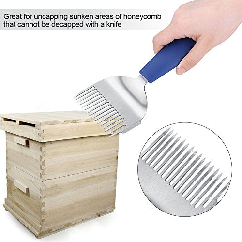 Stainless Steel Plastic Handle Bee Uncapping Fork Hive Tool Bee Equipment for Honeycomb Wax Cap Removal Drone Brood Extraction and Beehive Health Inspection in Beekeeping