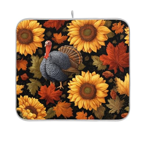Black Thanksgiving Turkey and Sunflowers Dish Drying Mat for Kitchen Counter Microfiber Absorbent Drainer Draining Rack Mats Small Cloth Kitchen Drying Pad Heat Resistant for Countertop 16x18 - color: Black Thanksgiving Turkey and Sunflowers, size: 16x18i