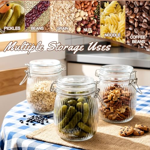 25 oz Wide Mouth Glass Mason Jars with Airtight Lid 6 Pack, Glass Canister, Striped Clip Fastening Jar for Kitchen Storage Canning, Oat, Coffee, Pasta, Snack, Nut, Candy and Pickling Food - size: 25oz