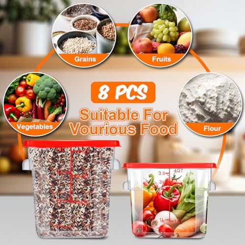 Suclain 8 Pack 4 QT and 6 QT Food Storage Containers with Lids Scales Handles Square Clear Restaurant Food Storage Containers Polycarbonate Commercial Grade for Kitchen Marinating Meat Dough(Red) - color: Red