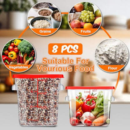 Suclain 8 Pack 4 QT and 6 QT Food Storage Containers with Lids Scales Handles Square Clear Restaurant Food Storage Containers Polycarbonate Commercial Grade for Kitchen Marinating Meat Dough(Red) - color: Red