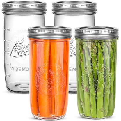 24oz Wide Mouth Mason Jars – 4 Pack Reusable Glass Mason Jars with Airtight Lids for Canning, Pickling, Food Storage, Jam, Jelly, DIY Crafts – Dishwasher Safe