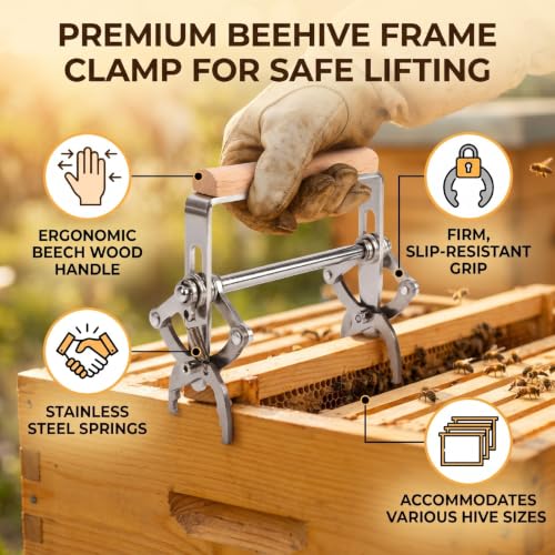 Luocute Beehive Frame Clamp with Beech Wood Handle, Stainless Steel Hives Frame Gripper Lifter Tool for Beekeeping Transfer, Grip Holder Lifter Gripper Tool Equipment Bee Grip