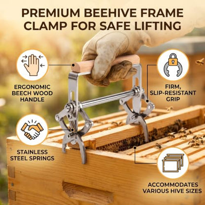 Luocute Beehive Frame Clamp with Beech Wood Handle, Stainless Steel Hives Frame Gripper Lifter Tool for Beekeeping Transfer, Grip Holder Lifter Gripper Tool Equipment Bee Grip