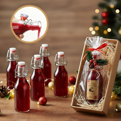 24 Pcs Christmas Coquito Swing Top Glass Bottles 3.4 oz Round Flip Top Brewing Bottles with Pine Needle Stickers for Home Brewing Liqueur DIY Wedding Christmas Gifts Party Favor - size: 3.4 oz