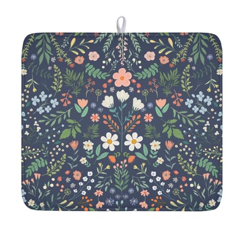 Floral Dish Drying Mat for Kitchen Counter Rustic Flower Leaves Print Microfiber Dish Drainer Mat Farmhouse Floral Absorbent Washable Drying Pad 16"x18" - color: Rustic Floral, size: 18" x 16"