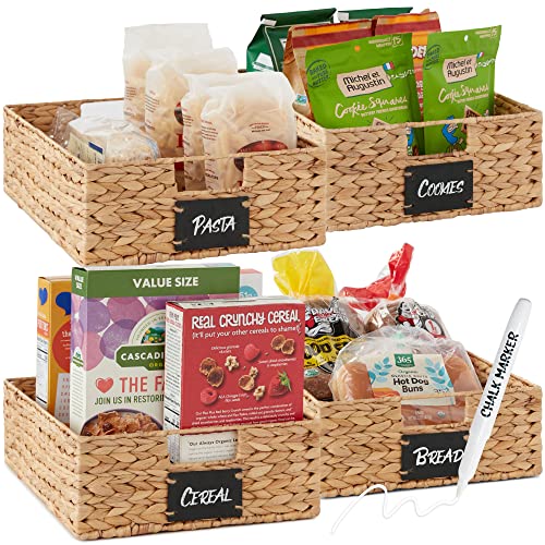 Best Choice Products 40.6 x 30.5cm(16 x 12인치) 대형 부레옥잠 식료품 저장실 바구니 4개 세트, 칠판 라벨이 있는 우븐 오거나이저, 분필 마커 - 내추럴 - color: 천연, size: 12x16x5in