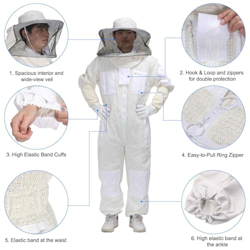 HARFINGTON Bee Suit for Men and Women XL Beekeeping Suits Outfit with Glove and Round Veil Hood Bee Suits for Men Proof Backyard Professional and Beginner Bee Keeper Thick, White - size: XL