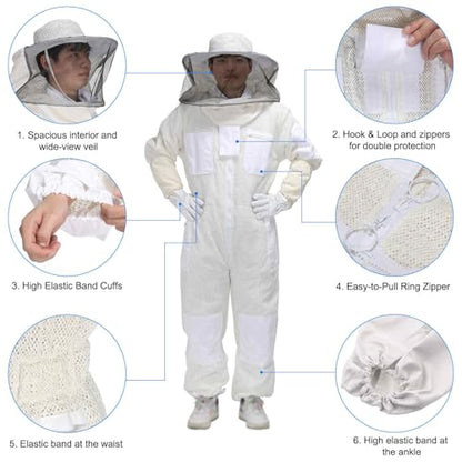 HARFINGTON Bee Suit for Men and Women XL Beekeeping Suits Outfit with Glove and Round Veil Hood Bee Suits for Men Proof Backyard Professional and Beginner Bee Keeper Thick, White - size: XL