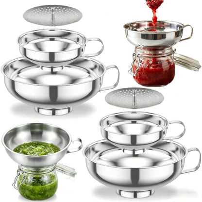 6 Piece Stainless Steel Canning Funnel Set with Strainers, Wide Mouth Mason Jar Funnels Family Pack, Metal Funnels for Filling Bottles, Canning Supplies for Preserving - color: Silver 6pcs