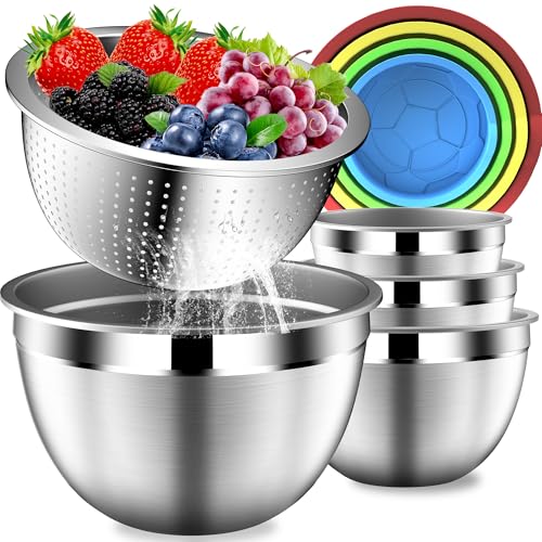 DUTZUN Colorful Mixing Bowls with Strainer, Mixing Bowl with Lids Set, Stainless Steel Mixing Bowls, Kitchen Gadgets Salad Bowls with Strainer for Mixing & Preping & Serving - style: 9PCS Multicolor