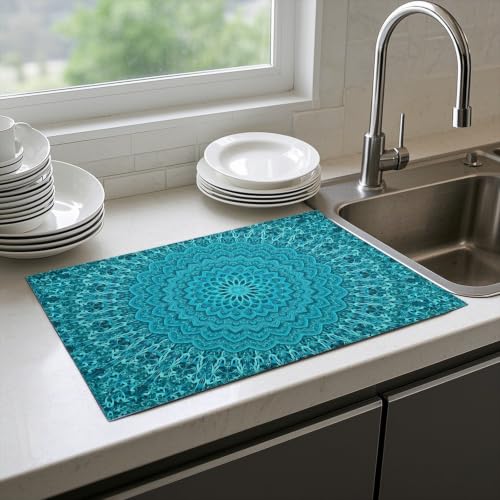 Absorbent Kitchen Dish Drying Mat Quick Dry Heat Resistant Hide Stain for Glasses Coffee Espresso Machines Pots Pans and Dish Racks,18" x 24" Teal Mandala Geometric Pattern - color: Teal Mandala Geometric