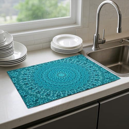 Absorbent Kitchen Dish Drying Mat Quick Dry Heat Resistant Hide Stain for Glasses Coffee Espresso Machines Pots Pans and Dish Racks,18" x 24" Teal Mandala Geometric Pattern - color: Teal Mandala Geometric