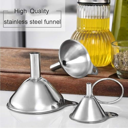 3 Pack Stainless Steel Funnels Set - Large & Small Food Grade Mini Metal Kitchen Funnels for Transferring Essential Oils, Liquids, Fluids, and Filling Bottles or Flasks，Silver