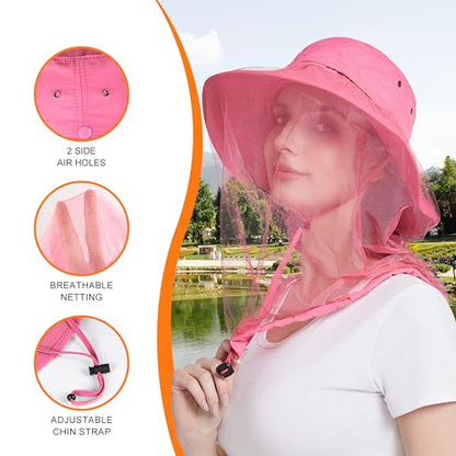 Mosquito Head Net Hat - Bug Cap UPF 50+ Sun Protection with Hidden Netting for Beekeeping Hiking Women - color: Rose Red