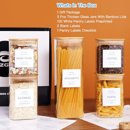 CZZGSM 5 Pack Square Glass Pantry Storage Containers with 132 Kitchen Food Pantry Labels - Clear Glass Jars with Airtight Wood Bamboo Lids - Glass Canisters for Cookies, Nuts, Cereal - color: 5 Pack