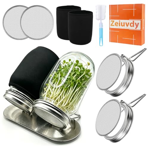 Sprouting Jars Kit, 2 Wide Mouth Mason Jars with 316 Stainless Steel Lids | Complete Kit with 4 Mesh Screens, 2 Light-Blocking Sleeves, Drip Tray and Cleaning Sponge for Fresh Sprouts & Microgreens