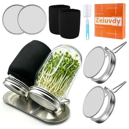 Sprouting Jars Kit, 2 Wide Mouth Mason Jars with 316 Stainless Steel Lids | Complete Kit with 4 Mesh Screens, 2 Light-Blocking Sleeves, Drip Tray and Cleaning Sponge for Fresh Sprouts & Microgreens