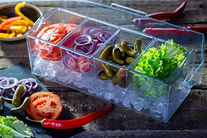 Pikanty Chilled Condiment Server Caddy with Ice Base - 4 Compartments and 4 Serving Tongs Included, Mimosa Bar, Taco Bar, Garnish Tray for Parties, Weddings, BBQs, Dishwasher Safe, Made in USA - style: Condiment Server Caddy on Ice