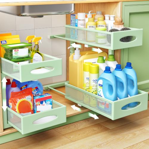 Under Sink Organizer, 2 Tier Pull out Cabinet Organizer Baskets with Mesh Sliding Drawers, Slide out Storage Shelf for Home, Kitchen, Bathroom, Pantry, Office Cabinet(1 Pack, Green) - color: Green, size: 1 Pack