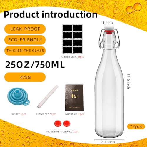 2Pcs 25oz Swing Top Glass Bottles 750ml, Flip Top Glass Bottle with Airtight Lid for Fermentation, Kombucha, Mead, Vanilla Extract, Coquito, Vinegar, Beer, Kefir, Wine, Soda, Juice, for Home Brewing