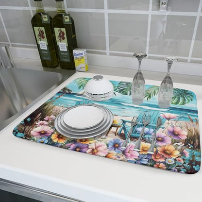 Spring Summer Sea Chair Dish Drying Mat for Kitchen Counter,Coastal Beach Palm Leaf Flowers Drying Mat 18 x 24 Inch with Absorbent Reversible Microfiber Drying Pad for Coffee Bar - size: 18" x 24"