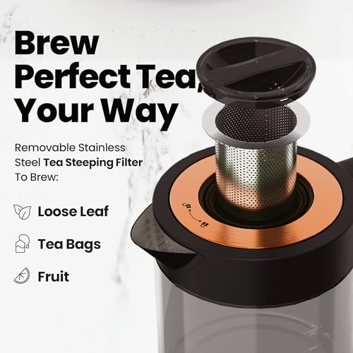 Viante Luxury Tea Set, Electric Kettle With Infuser, Gift for Tea Lovers | Borosilicate glass body plus ceramic teapot, 4 ceramic cups & bamboo tray. No plastic ever touches your water - style: Black with Tea Set