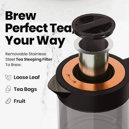Viante Luxury Tea Set, Electric Kettle With Infuser, Gift for Tea Lovers | Borosilicate glass body plus ceramic teapot, 4 ceramic cups & bamboo tray. No plastic ever touches your water - style: Black with Tea Set