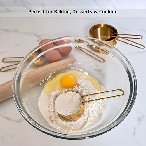 Gold Measuring Cups and Spoons Set, Stainless Steel Measuring Cups, 8 Piece Gold Kitchen Measuring Set, Engraved Measurements, Durable Nesting Design - color: Gold