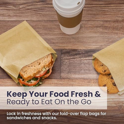 Fit Meal Prep 200 Pack Paper Sandwich Bags 7 x 6”, Greaseproof Snack Bags, Unbleached Pastry Bag, Recyclable Small Brown Paper Bags, Cookie Sleeves, Food Packing for Bakery, Donuts, Bagels