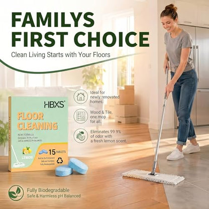 Floor Cleaning Tablets, Lemon Scent, 15 Count | Fast Dissolving Floor Cleaner | No Sticky Residue | Safe for Pets & Kids | For Tile, Vinyl, Laminate & Hardwood Floors