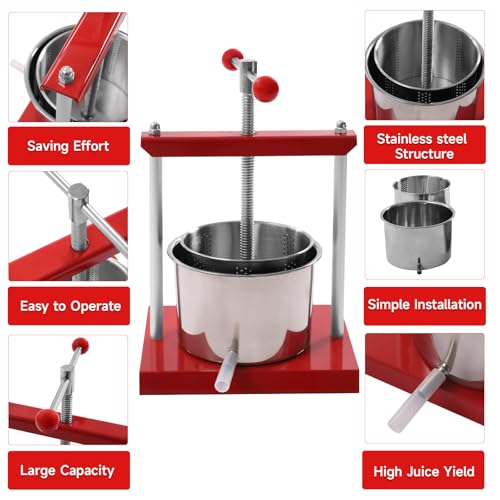 Fruit Wine Manual Press 6L/1.6Gallon Stainless Steel Barrels Honey Presser with T-shaped Handle Fruit Press Making Equipment for Pressing Juice Vegetable Wine Cider - size: 6L/1.6Gallon with T-shaped