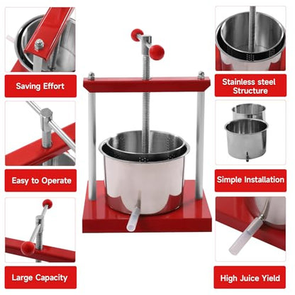 Fruit Wine Manual Press 6L/1.6Gallon Stainless Steel Barrels Honey Presser with T-shaped Handle Fruit Press Making Equipment for Pressing Juice Vegetable Wine Cider - size: 6L/1.6Gallon with T-shaped
