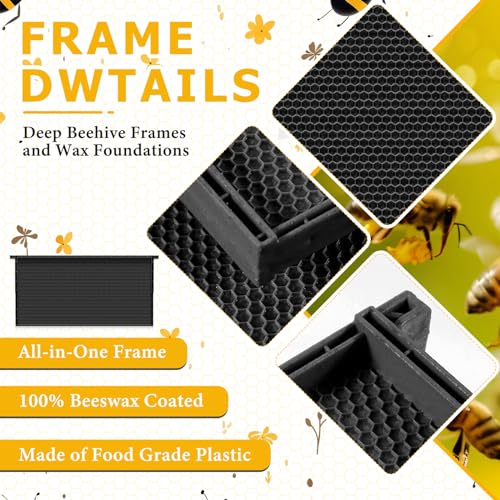 DoubleFill 10 Pack Plastic Beehive Frames and Wax Foundations All in One Bee Hive Frames with Beeswax Coated Foundations Bee Frames Beekeeping Frames for Deep Brood Bee Hives 9 1/8 Inches(Black) - color: Black