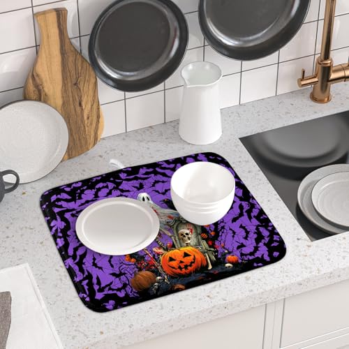 Giwawa Halloween Pumpkin Dish Drying Mat 16x18 inch Spooky Ghost Bat Dish Rack Mats Microfiber Draining Pad Fast Dry Holiday Kitchen Accessories - color: Halloween Purple, size: 16x18 inch