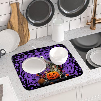 Giwawa Halloween Pumpkin Dish Drying Mat 16x18 inch Spooky Ghost Bat Dish Rack Mats Microfiber Draining Pad Fast Dry Holiday Kitchen Accessories - color: Halloween Purple, size: 16x18 inch