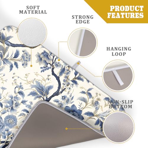 Chinoiserie Trees Dish Drying Mat for Kitchen Counter,Bule Birds Flowers Drying Mat 18 x 24 Inch with Absorbent Reversible Microfiber Drying Pad for Coffee Bar - size: 18" x 24"