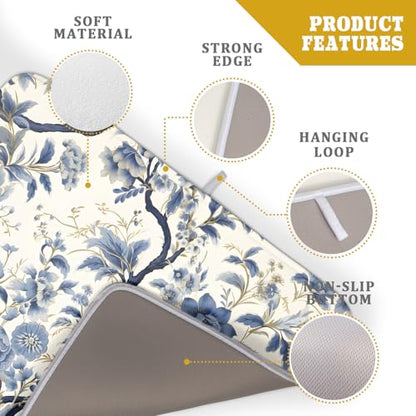 Chinoiserie Trees Dish Drying Mat for Kitchen Counter,Bule Birds Flowers Drying Mat 18 x 24 Inch with Absorbent Reversible Microfiber Drying Pad for Coffee Bar - size: 18" x 24"