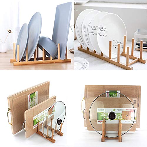 Bamboo Wooden Plate Racks Dish display Holder Kitchen Storage, Pack of 2 | Cabinet Organizer for Dish / Plate / Bowl / Cup / Pot Lid / Cutting Board/ Book (vertical) - size: Pack of 2