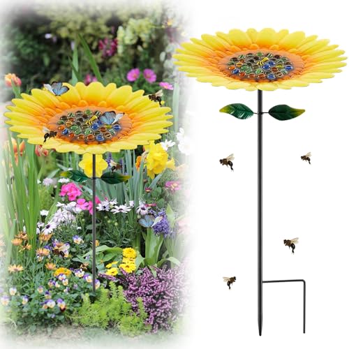 Tandefio Vivid Flower Bee Watering Station Metal Butterfly Water Feeder Cup with 30 Colorful Glass Marbles Bee Feeder Butterfly Bath Bowl for Garden Outdoor Yard Decors(Yellow Red,Sunflower) - color: Yellow Red, style: Sunflower