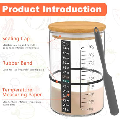 Sourdough Starter Jar Kit, Glass Sourdough Starter Kit -30.4oz BPA Free Dishwasher Safe, Wide Mouth Glass Jar with Thermometer, Date Marked Feeding Band, Wooden Lid Cloth Cover, Bread Baking Supplies