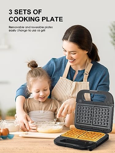 Reemix 3-in-1 Waffle, Grill & Sandwich Maker, Panini Press Grill and Waffle Iron Set with Removable Non-Stick Plates, Perfect for Grilled Cheese, Tuna Melts, Burgers, Steaks (Black, Plastic) - color: Black, Plastic