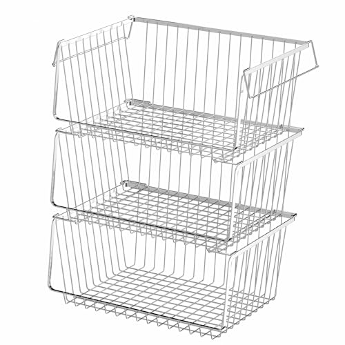 Wire Storage Basket Stackable Organizer Storage Baskets Bins Sturdy Metal Organization with Handles for Pantry, Kitchen, Closets, Bathroom, Cabinets, Kitchen, Set of 3 - color: 3 PACK, size: 14''L x 10.6''W
