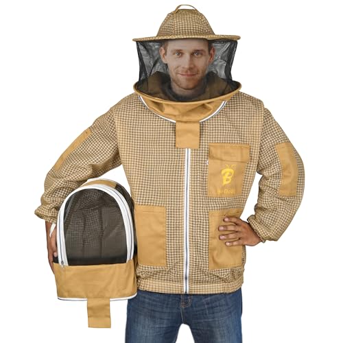 3 Layer Beekeeping Ultralight Ventilated Jacket with Two Veils. Fully Protective Metal Zipper Jacket with Round Veil and Fencing Veil. (Khaki, M)