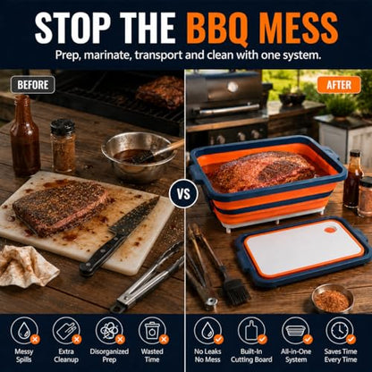 Collapsible BBQ Prep Tub with Convertible Cutting Board Design & Serving Lid – XL Brine Container & Meat Prep System for Brisket, Smoking, Grilling, Camping & Tailgating