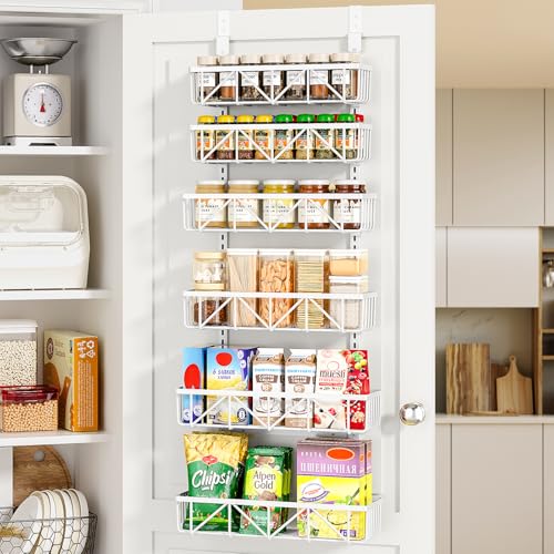 Delamu Adjustable Over the Door Pantry Organizer, 6-Tier Metal Pantry Organization and Storage for Kitchen, Hanging Spice Rack Seasoning Shelves, Cabinet Door Organizer for Easy Install, 16" - color: White, size: 16"W 6-Tier